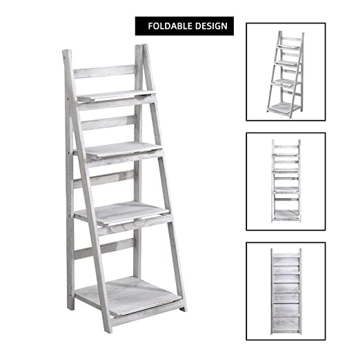 Babion Foldable Plant Shelf, White Ladder Shelf, Wood Rustic Ladder Bookshelf, Indoor Plant Stand, Ladder Shelves for Patio Garden- White - Thumbnail 7