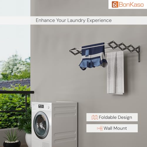 Image of BonKaso Multi 7 Rod Foldable Clothes Drying Stand | Heavy Duty, Rust-Free, Stainless Steel, Wall Mounted Cloth Dryer Rack for Indoor & Outdoor | Expandable (2 Feet) (61D x 62W x 19H cm)