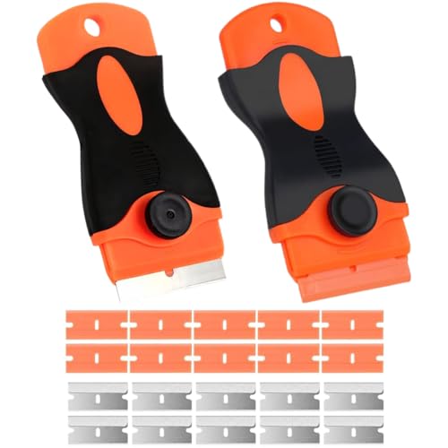 2 Piezas Rascador para vitrocerámica, incluye 20 cuchillas de repuesto para rascar etiquetas, adhesivos, calcomanías, sellos o pintura en vidrio(color naranja)