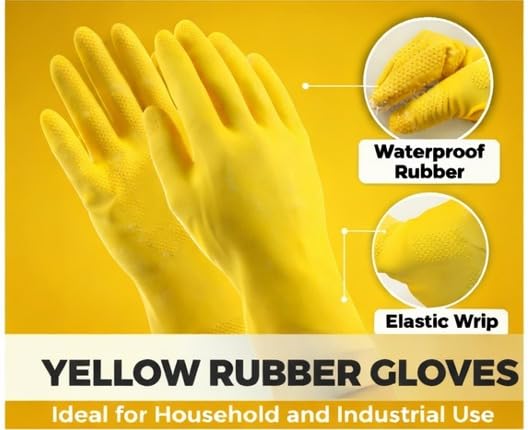 Image of LADWA Premium Rubber Household Cleaning Gloves, Yellow and Red Color Reusable Waterproof Gloves for Kitchen Cleaning, Dishwashing, Gardening and Bathroom Use with Strong Grip (Pack of 10 Pairs)