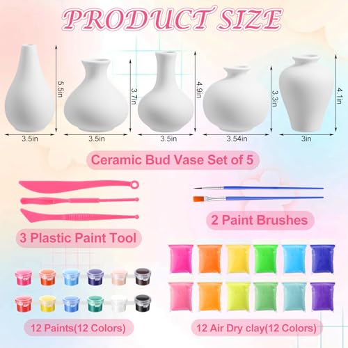 Teecyhooo 5 Set Paint Your Own Vases Pastel Painting Kit for Art DIY Craft Project Unpainted White Ceramic Vases 12 Paints 12 Color Clay for Spring Home Decor Birthday Party Gift by Teecyhooo - Image 3