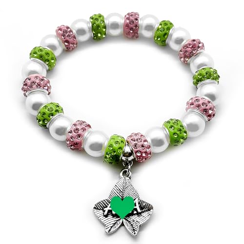 Pink Green Sorority Society Jewelry Ivy Leaves Letter Metal Pendant Pearl Elastic Bracelet