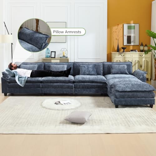 Image of Oprisen 154 inch Modular Sectional Sofa, Comfy Cloud Couch Sectional Sofa with Ottoman, Chenille Sofa Sleeper Deep Seat Sofa with Throw Pillows for Living Room (Blue, 154 inch- U Shape)