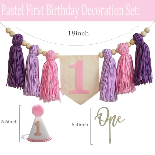 Image of Girl First Birthday Pastel Pink Purple ONE High Chair Banner with Cone Hat & Cake Toppe Baby Girl Spring 1st Birthday Decoration(Pink Purple 1st)