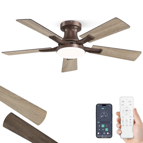Image of ZMISHIBO 42 Inch Ceiling Fan with Light, App&Remote Control, Flush Mount Low Profile, Dimmable 20W LED Light, Quiet Reversible Motor for Bedroom, Living Room, Apartment, Brown