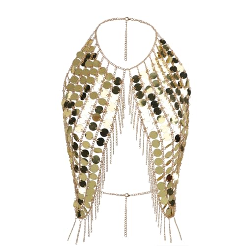 Pailletten Crop Top Körperkette Damen Bikini Pailletten Kette Neckholder Lange Brustkette Tank Top Glitzer Weste Clubwear BH Kette Sexy...