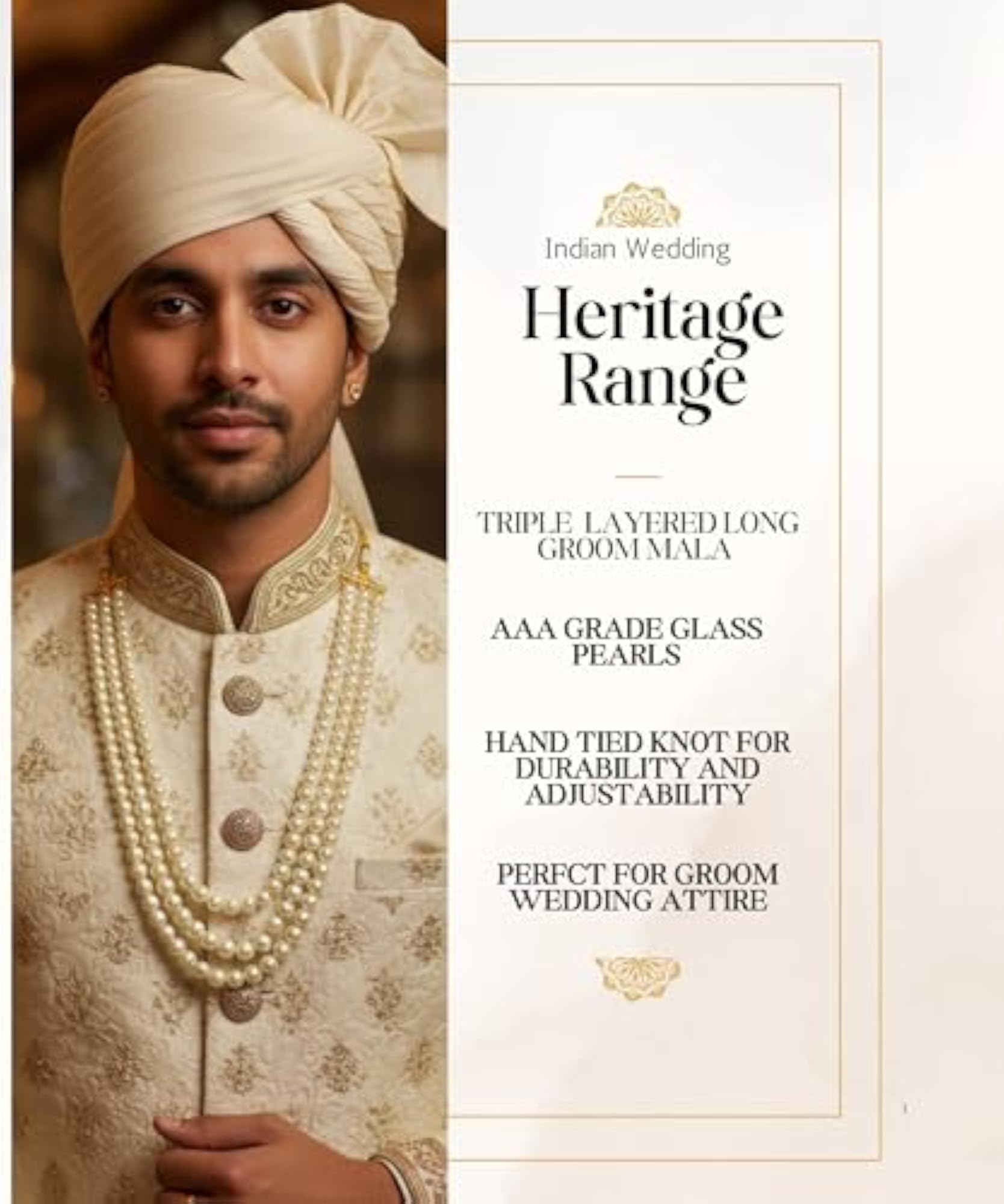 Layered Long Pearl Mala Necklace for Groom Men
