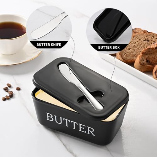 Image of Large Plastic Butter Dish with Lid and Knife, Food Grade PP Butter Holder Keeper with Cover for Kitchen Refrigerator Butter Container (Black)