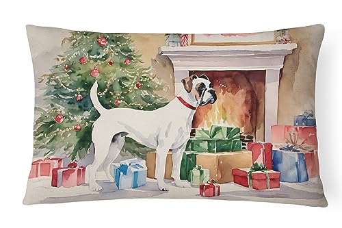 Caroline's Treasures DAC1281PW1216 White Boxer Christmas Fabric Decorative Pillow Machine Washable, Indoor Outdoor Decorative Pillow for Couch, Bed or Patio, 12HX16W