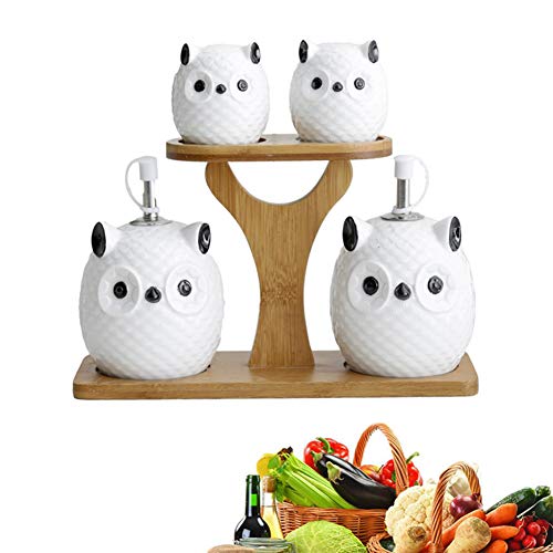 MAI&BAO Aceite y Vinagre dispensador de Botella Botella de Aceite de Oliva de Ceramica a Prueba de Fugas Botella de Aceite Blanco Búho Lindo diseño, 300ML Cover