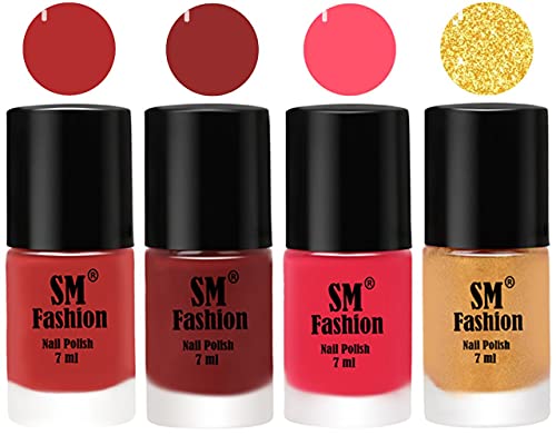 Image of Nail Polish Combo Set (Pack of 4) Quick Dry Gel Finish Nail Paint | Coral Pink ,Jam,Dark Pink,Light Golden | 7 ml Each