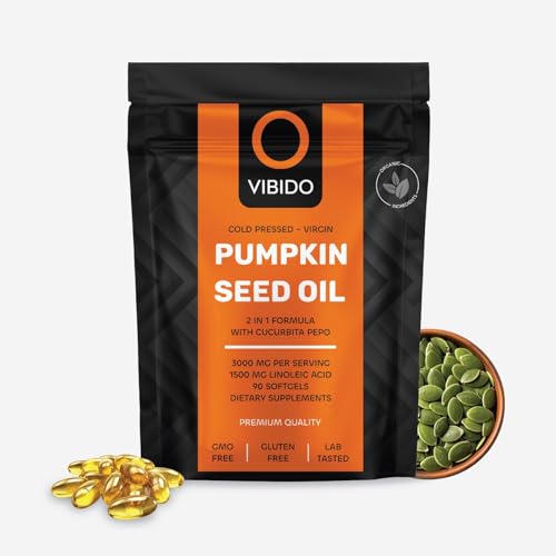 VIBIDO Pumpkin Seed Oil 3000mg – 1500MG Linoleic Acid – 100% Cold Pressed – No Additives – Resealable and Recyclable Pouch – 90 Softgels