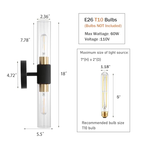 Image of BYOLIIMA Modern Knurled Texture Wall Sconce Clear Glass Shade Modern Gold Black Bathroom Vanity Light Fixtures 2-Lights Mid Century Wall Light for Mirror Living Room Hallway E26 T10 Bulbs(Excluded)
