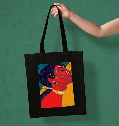 Image of ZORI Black Tote Bag With Pocket Printed Designed Canvas Tote Bags For Women large capacity,Tote bag For Shopping, College, Travel, More Canvas Handbag For Unisex Bag