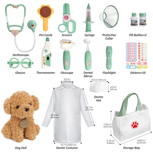 Image of Liberry Doctor Kit Toy for Toddlers 3 4 5 6 Years Old, Green | Kids Doctor Playset with Dog Toy, Stethoscope and Dress Up Costume, Pretend Play Medical Bag, Boys Girls Birthday Gift