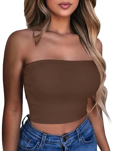Summer Tube Tops Basic Crop Tops for Women Strapless Bandeau Shirt,Brown,L
