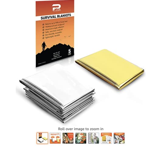 Rainier Rugged Survival Blankets - Waterproof & Windproof Emergency Cover, Reflective Exterior - Helps Retain Body Heat - 12 Microns, Compact & Lightweight - 5-Pack, 4 Silver, 1 Gold - 52X82”, 2Oz #TOP1