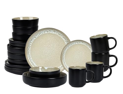 Image of HomeVss 20-Piece Dinnerware Set - Serves 4, Reactive Glaze Bubble Beige Plates & Bowls Set | Microwave & Dishwasher Safe Dishes Set