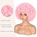 Aminow 70's Afro Wig for Women, Pink Short Afro Kinky Curly Wig, Glueless Synthetic Wig with Bangs, Puffy & Fluffy Bouncy Afro Wig for Daily Cosplay Party