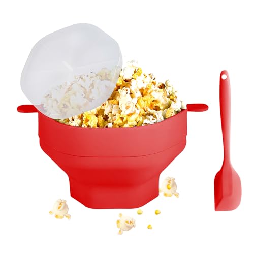 RZMZBY Ciotola per Popcorn,Popper per Popcorn per Microonde,Macchina per Popcorn in Silicone con Coperchio e Manico, per Feste in Casa, Serate Cinematografiche (Rosso)