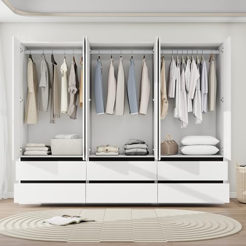 Mhsatyrs White Armoire Wardrobe Closet with 2 Doors, 75\" Bedroom Wardrobe Closet for Hanging Clothes, Modern Wood Storage Closets Cabinet with System (A+A+A, 94.5\")