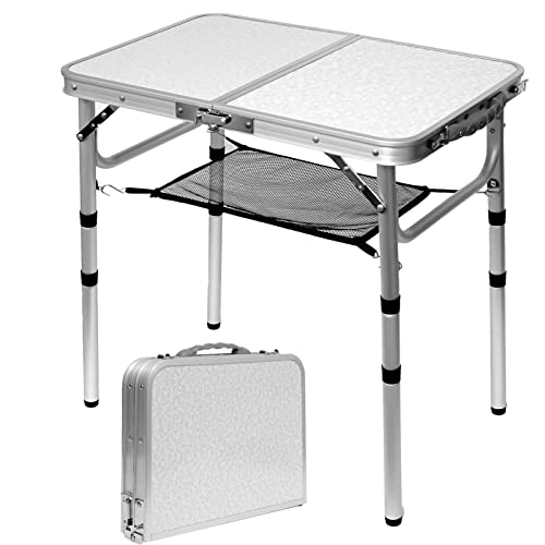 Folding Table Small Lightweight Portable Aluminum Camping Table Mini Foldable Table with Adjustable Height Legs for Picnic Cooking Beach, 2ft and 3 Heights