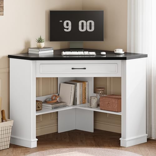 SEDETA 31.5" White Corner Desk, Small Corner Desk for Small Space, Farmhouse Triangle Computer Desk with Drawer and Storage for Home Office, Living Room, Bedroom, Vanity Desk