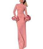 dsumvns Women's Sexy Bodycon Maxi Dress Puff Sleeve Mock Neck Elegant Club Party Long Dresses Clubwear Pink