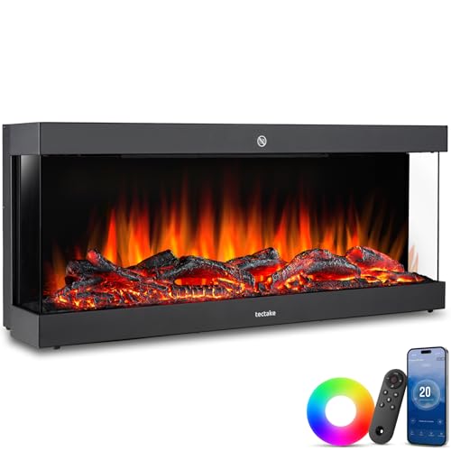 tectake® Chimenea Electrica Decorativa con Efecto Llama 3D Realista, 2 Niveles de Potencia 900W y 1800W, Control Digital, Chimenea Eléctrica con Mando a Distancia - 24,5 x 91,4 x 38 cm