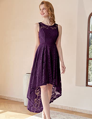 Muadress Women's Elegant Floral Lace Dress Sleeveless Crew Neck Hi-Lo Cocktail Dress For Evening Party Grape S #TOP4