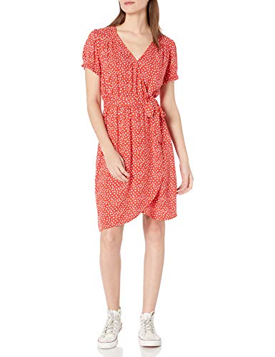 Amazon Brand - Goodthreads Women s Relaxed Fit Fluid Twill Faux Wrap Dress, Red Mini Daisy Print, Large