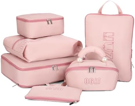 6 Set Compression Packing Cubes for Travel, Gifts for Women Mom, Anti-Tearing Suitcase Organizer for Luggage with Shoe & Hanging Toiletry Bag, Vacation Essentials & Accessories for Cruise Ship, Pink