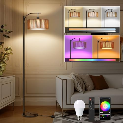Winverty Stehlampe Wohnzimmer Rattan Boho, RGB Dimmbar Standleuchte...