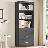 FOTOSOK 71' H Bookshelf with Drawers, Bookshelf and Bookcase with 3-Tier Open Shelves, Tall Bookcase Tall Storage Cabinet for Home Office, Dark Grey