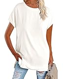 Zeraly Women's Round Neck Solid Color T-Shirt Side Slit Casual Short-Sleeved Summer Sports Tunic Top White