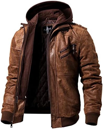 FLAVOR Men Brown Leather Motorcycle Jacket with Removable Hood