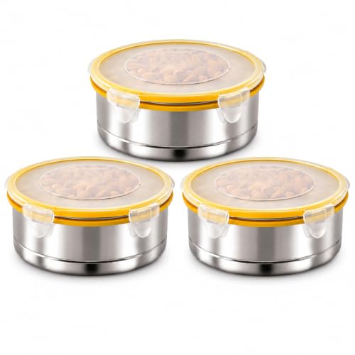 Image of Stainless Steel Airtight Round Container with Leak Proof Lid | BPA Free Food Storage Lunch Box for Office College School Home Travel | 280 ml Capacity Tiffin Box | Set of 3