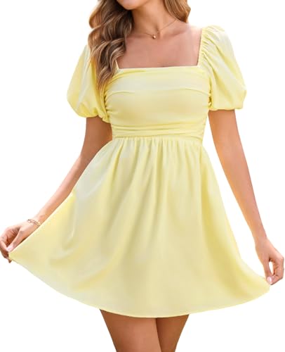 JKMNAO Women Puff Sleeve Graduation Short Dress Square Neck A Line Casual Sundress Beach Wedding Guest Mini Dress Yellow