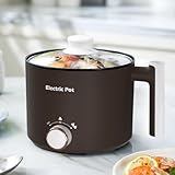 YOOLYQI Electric Hot Pot:1.5L Ramen Cooker,Dual Power Mini Portable Multi-Functional Lazy Pot for Pasta, Noodles, Egg, Soup, Non-Stick Noodle Cooker with Boil Dry Protection for Dorm, Office (Brown)