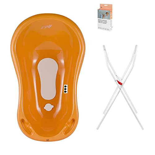 Baignoire de bébé pour nouveau-nés et bébés jusqu'à 12 mois avec bouchon, thermomètre, tapis antidérapant - en plastique sans BPA, Longueur: 84 cm, Couleur: Orange, Motif:Fox, Marque:Hylat Baby Cover