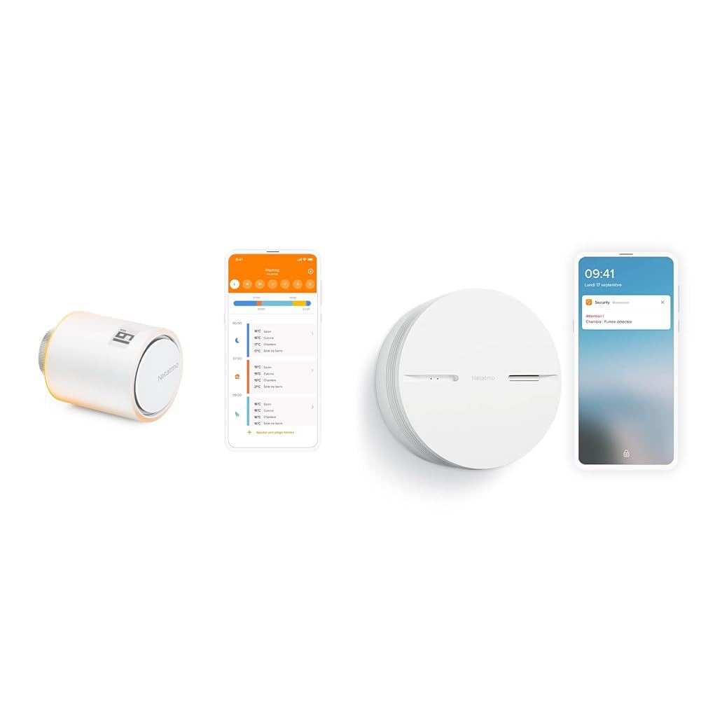 Netatmo Tête Thermostatique Connectée et Intelligente - Contrôle à Distance & Détecteur de Fumée Intelligent, 10 Ans de Batterie, Tests automatisés, Alarme Incendie connectée sans Box