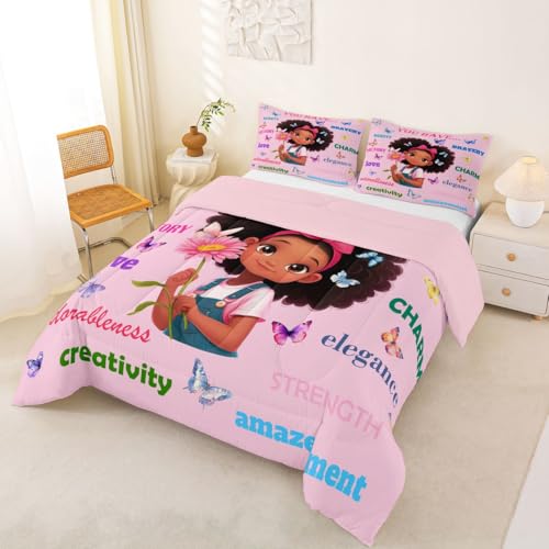 Image of Erosebridal Black Girls Magical Bedding Set Butterflies Inspirational Quotes King Comforter Set African American Comforter Afro Black Princess Girl Duvet Insert for Nursery Kids Pink Room Decor
