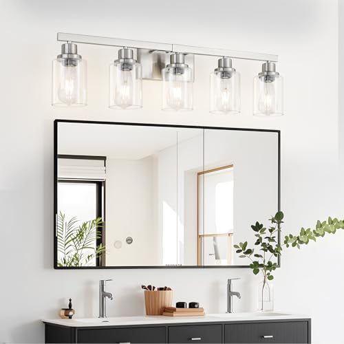 Image of Bathroom Vanity Light, 5-Light Nickel Modern Matte Wall Sconce Lighting with Clear Glass Shade, Wall Lights,Bath Vintage Wall Mounted Lamps for Mirror Bedroom Living Room