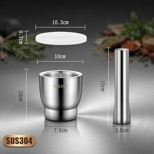 Image of 10cm Premium SUS304 Stainless Steel Mortar and Pestle Set with Splash-Proof Lid | Heavy Duty Spice Grinder, Herb Crusher, Pill Pulverizer & Molcajete Bowl | Modern Kitchen Muddler