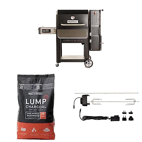 Masterbuilt MB20041220 Gravity Series 1050 Digital Charcoal Grill & Smoker Combo - Black; Includes MB20091621 Lump Charcoal (16 Pound) & MB20091220 Gravity Series Grill Rotisserie Kit