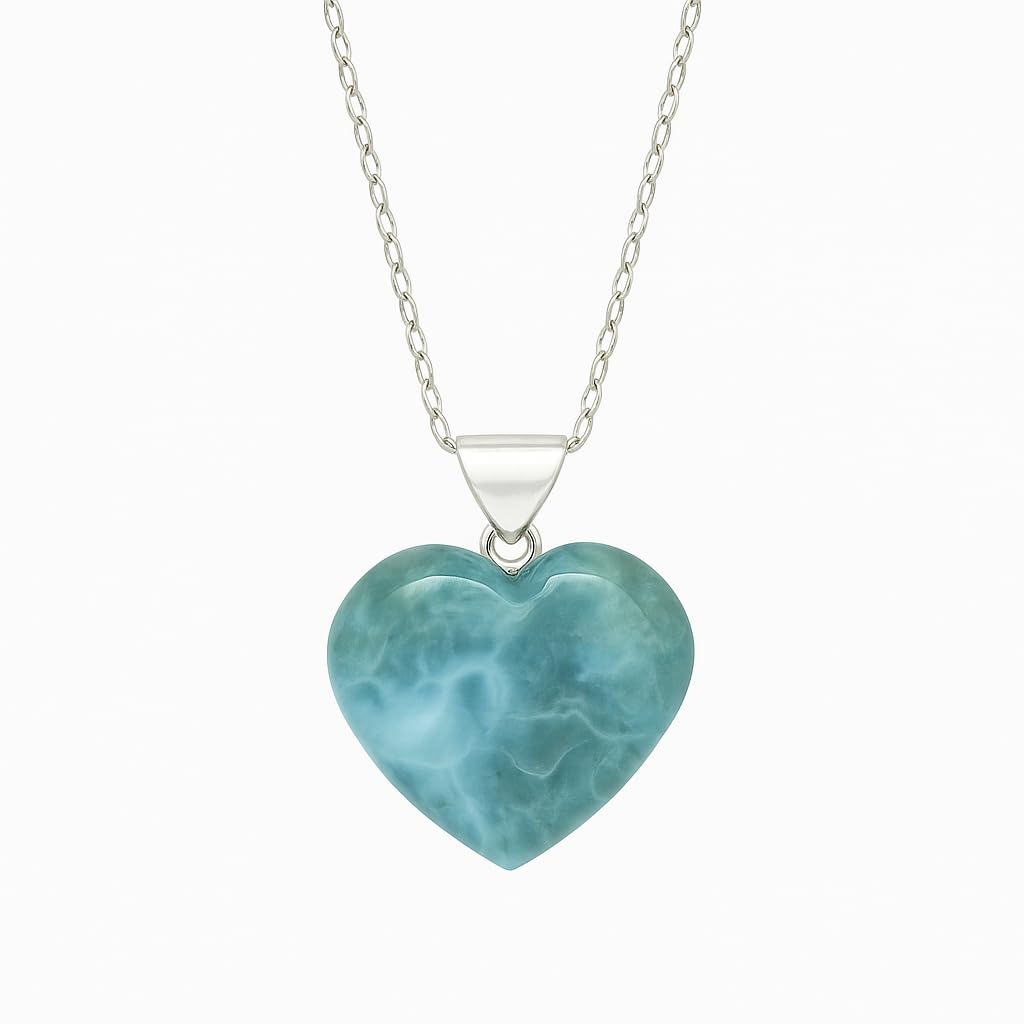 Natural Larimar Heart Pendant Necklace, Gemstone Necklace, Heart Crystal Necklace, Lightweight Party Wear 925 Silver 16+2 inch Adjustable Chain