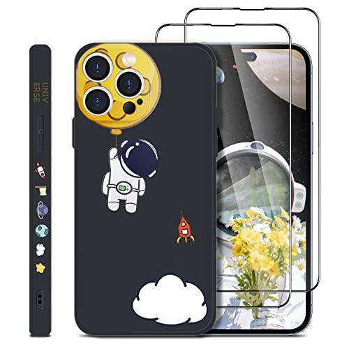 Jusy Hülle Kompatibel mit iPhone 14 Pro und 2 Stück Schutzfolie, Brandneu Astronaut Design TPU Schutzhülle Silikon Case 9H Schutzfolie für iPhone 14 Pro (schwarz) Cover