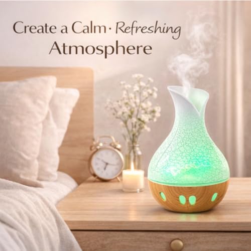 Image of Lakshiv Aroma Diffuser Humidifier for Room & Home with LED Light | Ultrasonic Cool Mist Air Humidifier for Bedroom | Essential Oil Diffuser | Wood Grain Finish | 30ml | Touch Operation (White Crystal)