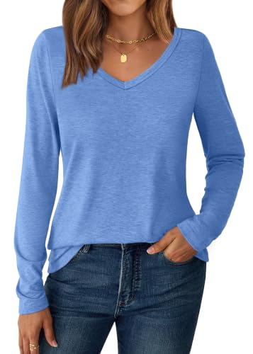 GKBK V Neck Long Sleeve Shirts for Women Soft Basic Tees Spring Casual Tops Trendy Everyday Wear Light Blue S