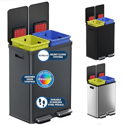 iTouchless 16 Gallon / 60L Dual Kitchen Trash Can & Recycle Bin, 2x8 Gal Removable Buckets, Soft-Close Stainless Steel Step Pedal, Fingerprint-Resistant, AbsorbX Odor Filter – Gunmetal Gray by iTouchless - Used condition - US$92.84